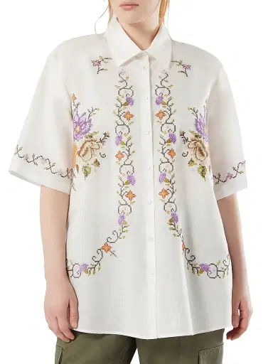 Marina Rinaldi Women's Embroidered Cotton Canvas Shirt - Ivory - Size 16 | Thumbnail 3