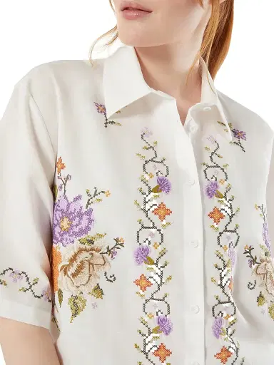 Marina Rinaldi Women's Embroidered Cotton Canvas Shirt - Ivory - Size 16 | Thumbnail 5
