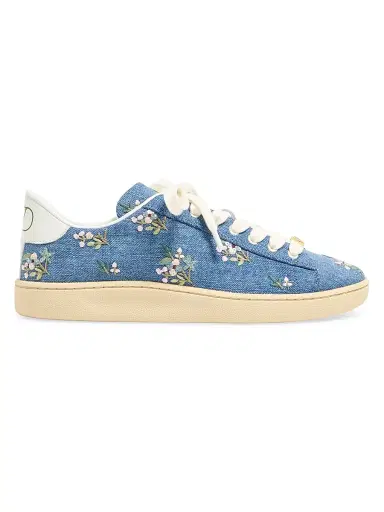 Valentino Garavani Women's Royco Denim Trainer Sneakers with Floral Embroidery - Denim - Size 5 | Thumbnail 1