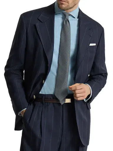 Brunello Cucinelli Men's Virgin Wool Chalk Stripe Tailor Blazer - Navy Blue - Size 40 | Thumbnail 4