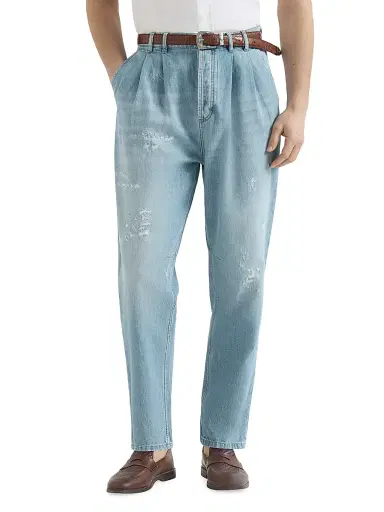 Brunello Cucinelli Men's Lightweight Denim Iconic Fit Five Pocket Jeans - Light Blue Denim | Thumbnail 2 Brunello Cucinelli Men's Lightweight Denim Iconic Fit Five Pocket Jeans - Light Blue Denim | Thumbnail 2