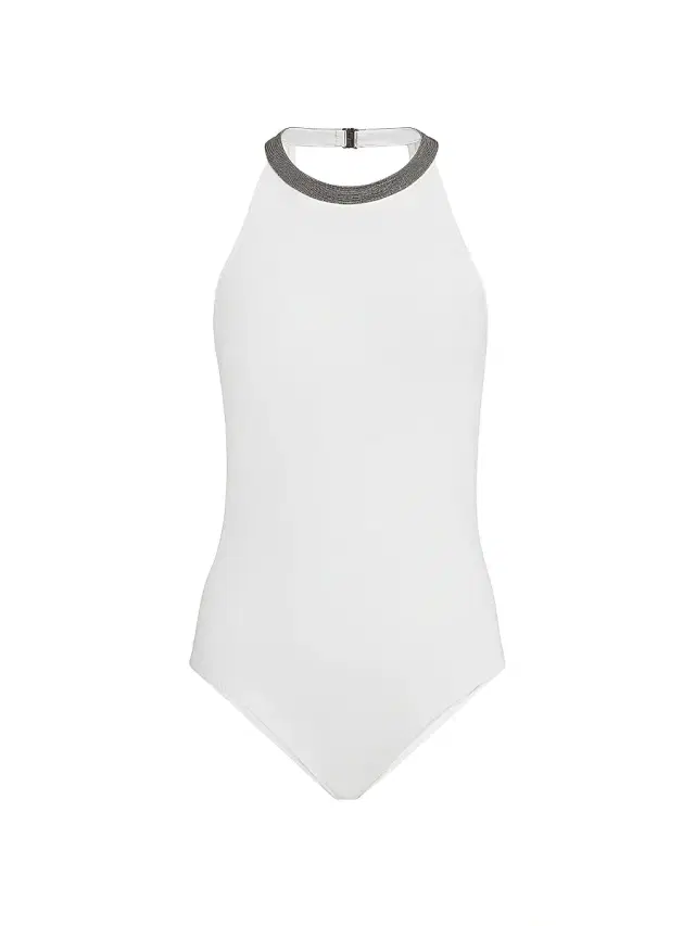 Brunello Cucinelli Women's Techno Jersey Bathing Suit with Precious Collar - White