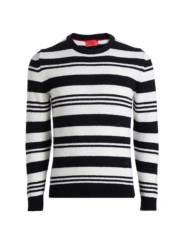 Men's Sponge-Effect Striped Cashmere-Silk Crewneck Sweater - Dark Blue