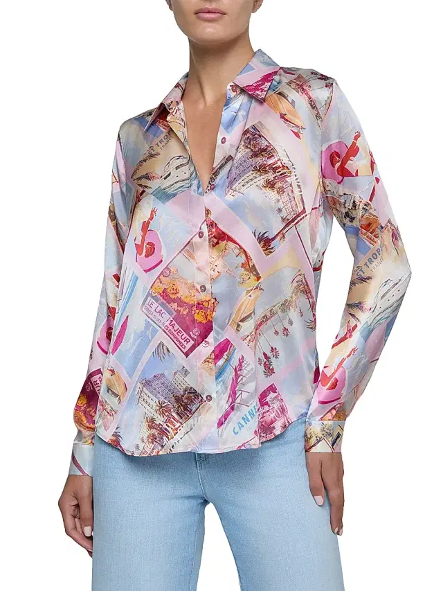 L'AGENCE Women's Tyler Postcard-Print Silk Blouse - Light Pink Postcard Print