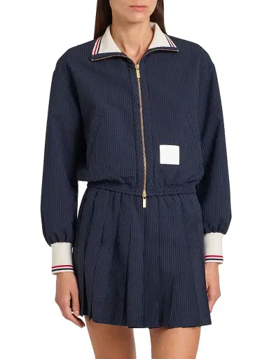Thom Browne Women's Wool Seersucker Track Jacket - Navy | Thumbnail 3