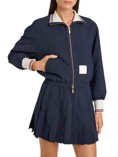 Thom Browne Women's Wool Seersucker Track Jacket - Navy | Thumbnail 6
