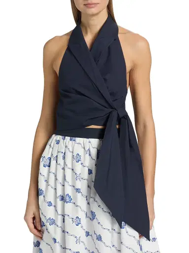 Rosie Assoulin Women's Halterneck Cotton Wrap Top - Navy | Thumbnail 3