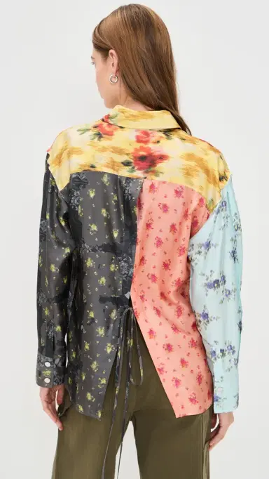 Ganni Multi Printed Silk Twill Long Sleeve Shirt Iced Aqua | Thumbnail 3