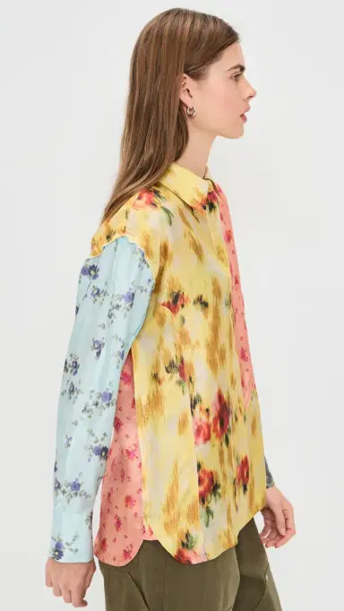 Ganni Multi Printed Silk Twill Long Sleeve Shirt Iced Aqua | Thumbnail 4