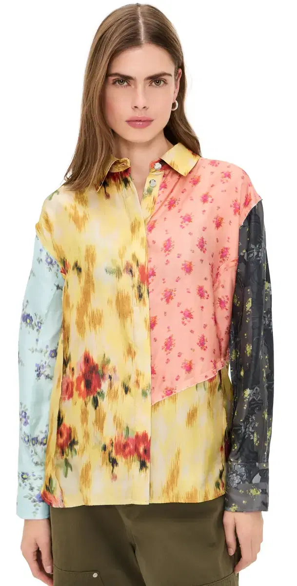 Ganni Multi Printed Silk Twill Long Sleeve Shirt Iced Aqua