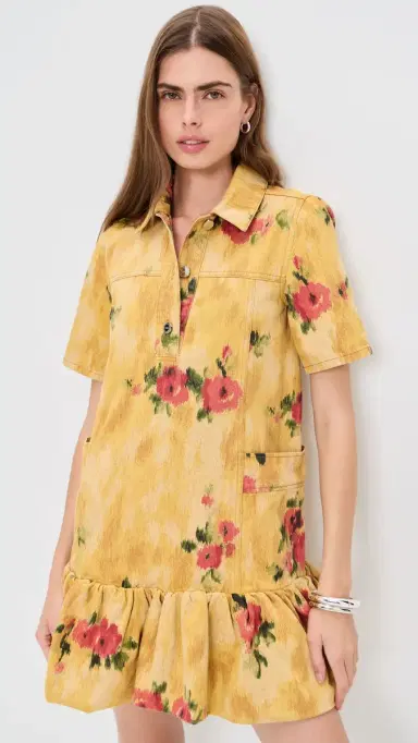 GANNI Print Peplum Mini Dress Vibrant Yellow | Thumbnail 2 GANNI Print Peplum Mini Dress Vibrant Yellow | Thumbnail 2