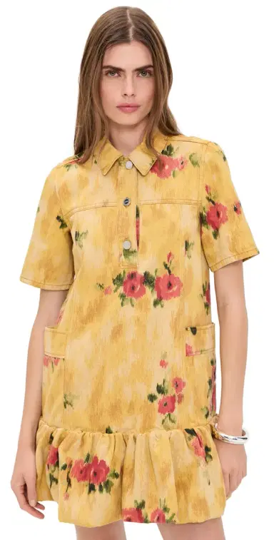 GANNI Print Peplum Mini Dress Vibrant Yellow | Thumbnail 1 GANNI Print Peplum Mini Dress Vibrant Yellow | Thumbnail 1