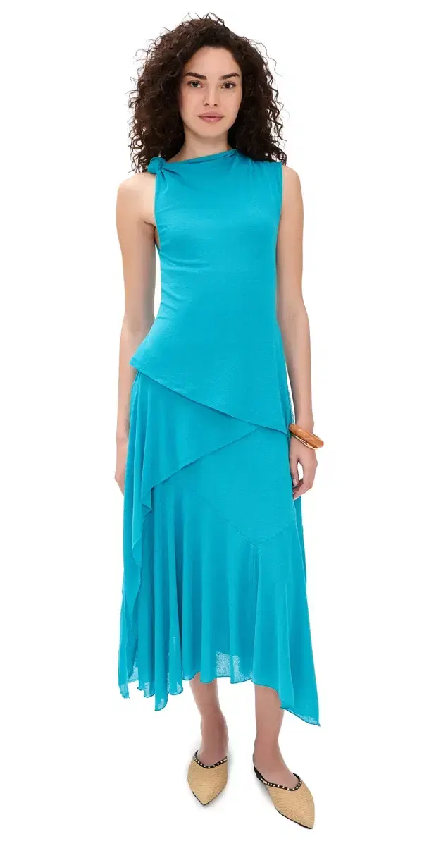 Ganni Marl Mesh Draped Knot Dress River Blue