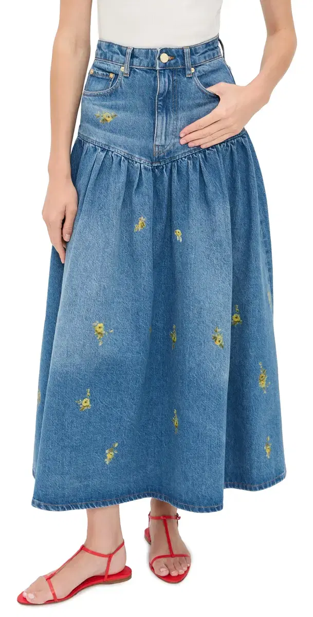GANNI Printed Flower Denim Long Skirt Light Blue Vintage