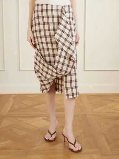 RÓHE Draped Checked Linen Midi Skirt | Thumbnail 3