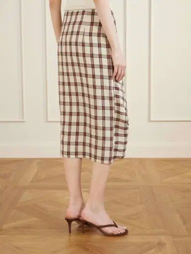 RÓHE Draped Checked Linen Midi Skirt | Thumbnail 4