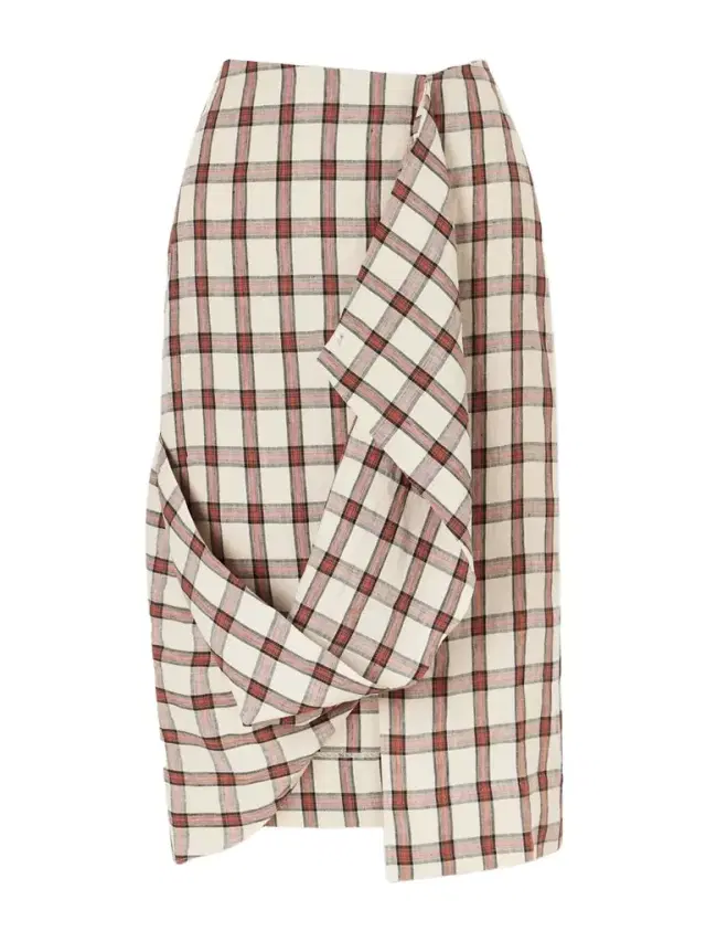 Draped Checked Linen Midi Skirt