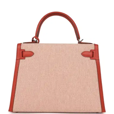 HERMÈS Hermes Kelly Sellier 28 Sanguine Swift and Ecru-Sanguine Toile H Canvas Palladium Hardware | Thumbnail 4 HERMÈS Hermes Kelly Sellier 28 Sanguine Swift and Ecru-Sanguine Toile H Canvas Palladium Hardware | Thumbnail 4