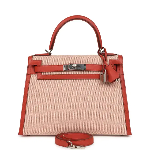 hermes Hermes Kelly Sellier 28 Sanguine Swift and Ecru-Sanguine Toile H Canvas Palladium Hardware