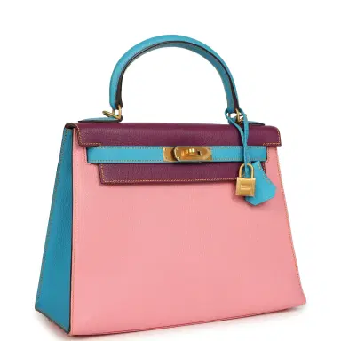 HERMÈS Pre-owned Hermes Special Order (HSS) Kelly Sellier 28 Rose Confetti, Anemone and Bleu Aztec Chevre Mysore Brushed Gold Hardware | Thumbnail 2 HERMÈS Pre-owned Hermes Special Order (HSS) Kelly Sellier 28 Rose Confetti, Anemone and Bleu Aztec Chevre Mysore Brushed Gold Hardware | Thumbnail 2
