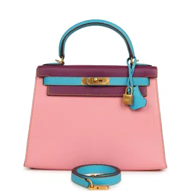 HERMÈS Pre-owned Hermes Special Order (HSS) Kelly Sellier 28 Rose Confetti, Anemone and Bleu Aztec Chevre Mysore Brushed Gold Hardware | Thumbnail 1 HERMÈS Pre-owned Hermes Special Order (HSS) Kelly Sellier 28 Rose Confetti, Anemone and Bleu Aztec Chevre Mysore Brushed Gold Hardware | Thumbnail 1