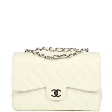 Chanel Vintage Chanel Classic Jumbo Single Flap Bag White Caviar Silver Hardware | Thumbnail 1 Chanel Vintage Chanel Classic Jumbo Single Flap Bag White Caviar Silver Hardware | Thumbnail 1