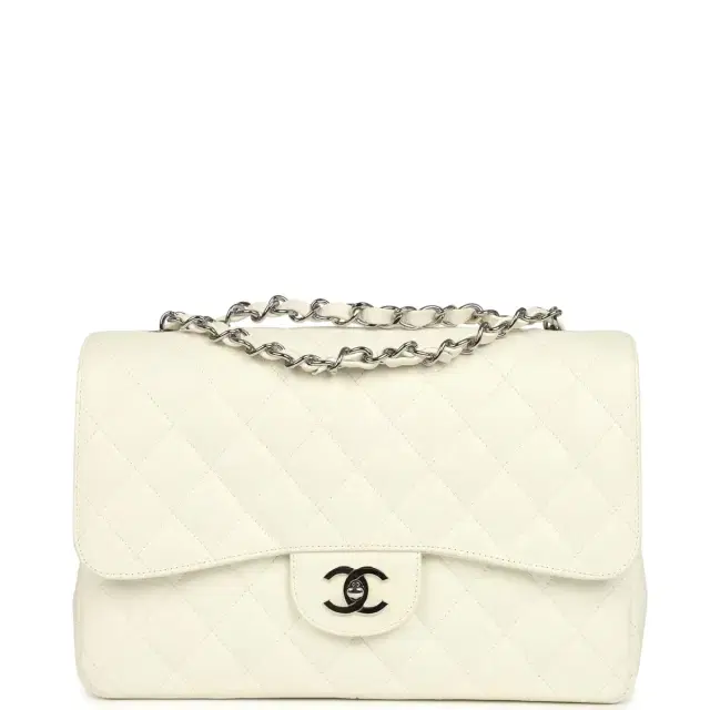 Vintage Chanel Classic Jumbo Single Flap Bag White Caviar Silver Hardware Vintage Chanel Classic Jumbo Single Flap Bag White Caviar Silver Hardware