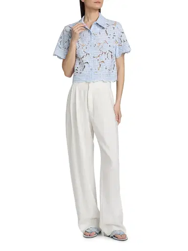 Simkhai Women's Ryett Checked Laser-Cut Floral Crop Shirt | Thumbnail 2