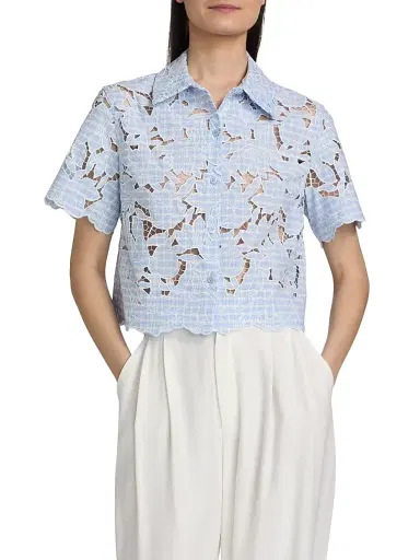 Simkhai Women's Ryett Checked Laser-Cut Floral Crop Shirt | Thumbnail 3