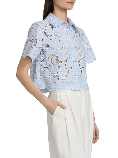 Simkhai Women's Ryett Checked Laser-Cut Floral Crop Shirt | Thumbnail 4