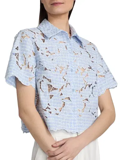 Simkhai Women's Ryett Checked Laser-Cut Floral Crop Shirt | Thumbnail 6