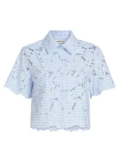 Simkhai Women's Ryett Checked Laser-Cut Floral Crop Shirt | Thumbnail 1
