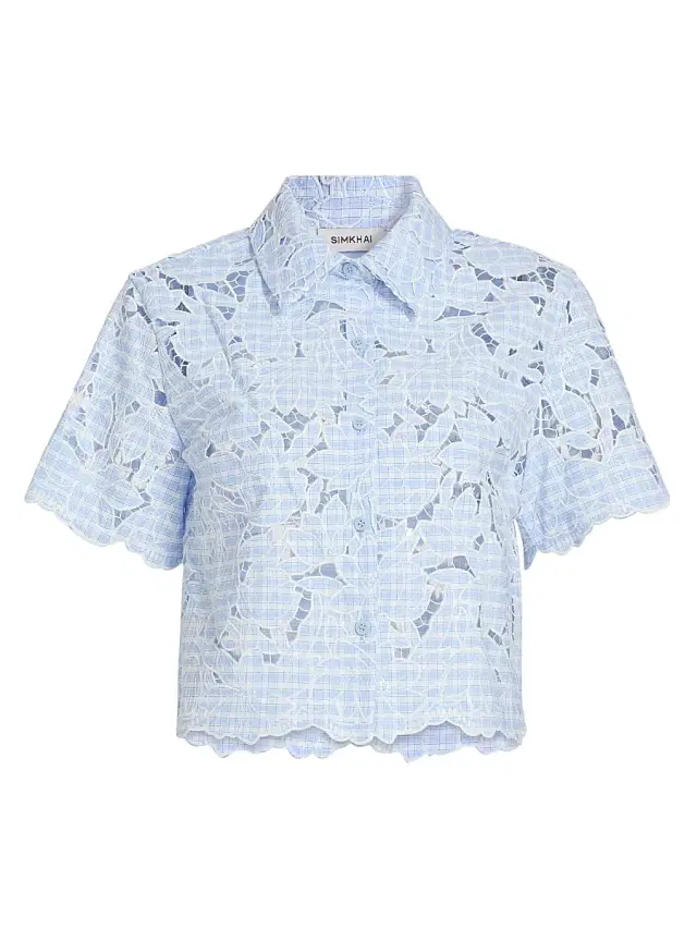 SIMKHAI Women's Ryett Checked Laser-Cut Floral Crop Shirt - Periwinkle Sky Multi