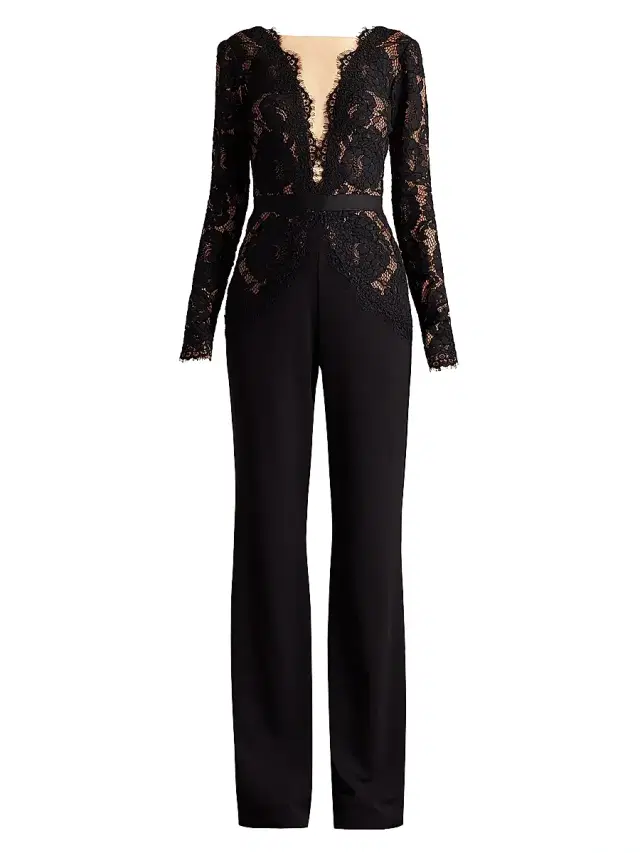 Women's Lace Bodice Crepe Jumpsuit - Black Beige