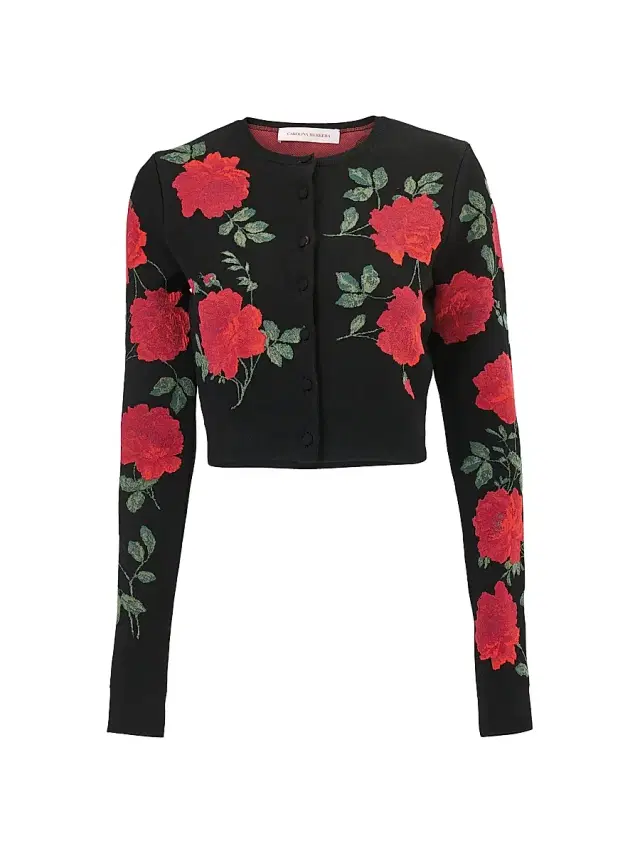 Carolina Herrera Women's Rose-Print Crewneck Crop Cardigan - Black Multi