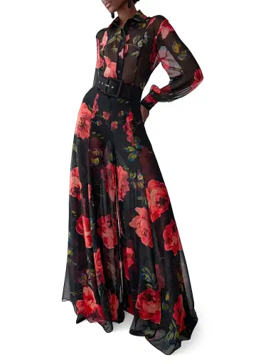 Carolina Herrera Women's Iris Rose-Print Silk Chiffon Pants - Black Multi | Thumbnail 2 Carolina Herrera Women's Iris Rose-Print Silk Chiffon Pants - Black Multi | Thumbnail 2