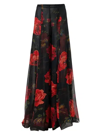 Carolina Herrera Women's Iris Rose-Print Silk Chiffon Pants - Black Multi | Thumbnail 1 Carolina Herrera Women's Iris Rose-Print Silk Chiffon Pants - Black Multi | Thumbnail 1