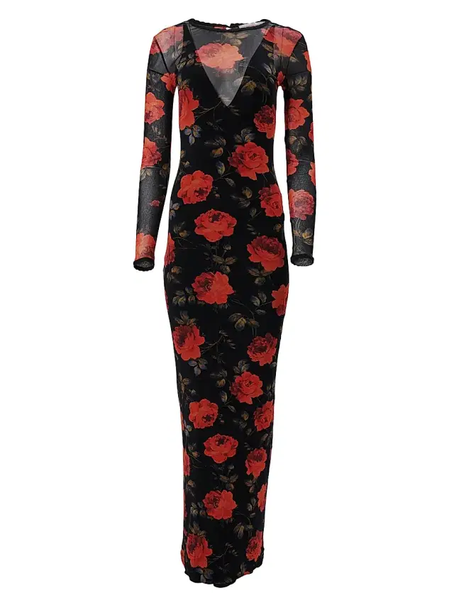 Carolina Herrera Women's Rose-Print Mesh Maxi Dress - Black Multi