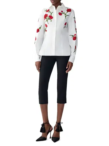 Carolina Herrera Women's Carnation-Embroidered Cotton Shirt - White Multi | Thumbnail 2