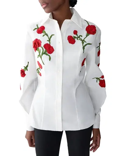 Carolina Herrera Women's Carnation-Embroidered Cotton Shirt - White Multi | Thumbnail 3