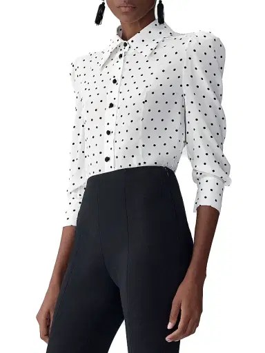 Carolina Herrera Women's Polka Dot Ruched-Sleeve Shirt - Ivory Multi | Thumbnail 3