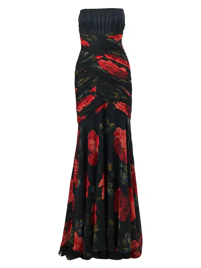 Women's Rose-Print Exposed Bustier Gown - Black Multi