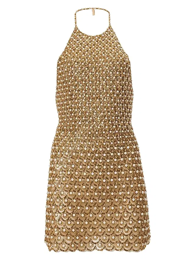 Women's Imitation Pearl-Embellished Halter Minidress - Gold Women's Imitation Pearl-Embellished Halter Minidress - Gold