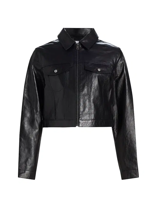 Re/done Women's Leather Crop Trucker Jacket - Black