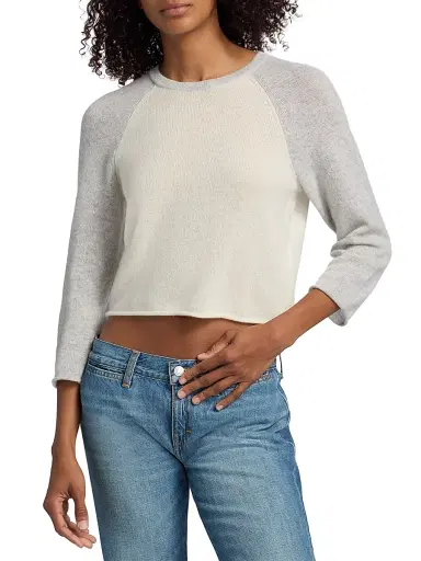 RE/DONE Women's Two-Tone Baseball Raglan Cashmere Sweater - Ivory Light Grey - Size Large | Thumbnail 3 RE/DONE Women's Two-Tone Baseball Raglan Cashmere Sweater - Ivory Light Grey - Size Large | Thumbnail 3