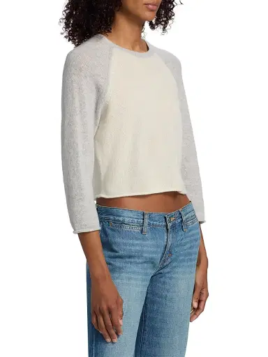 RE/DONE Women's Two-Tone Baseball Raglan Cashmere Sweater - Ivory Light Grey - Size Large | Thumbnail 4 RE/DONE Women's Two-Tone Baseball Raglan Cashmere Sweater - Ivory Light Grey - Size Large | Thumbnail 4