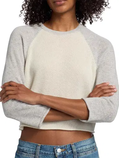 RE/DONE Women's Two-Tone Baseball Raglan Cashmere Sweater - Ivory Light Grey - Size Large | Thumbnail 6 RE/DONE Women's Two-Tone Baseball Raglan Cashmere Sweater - Ivory Light Grey - Size Large | Thumbnail 6