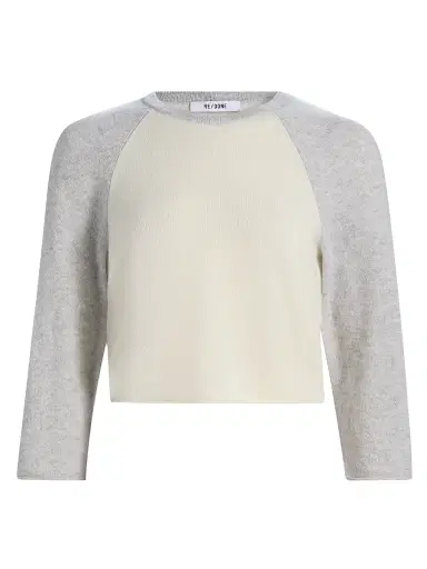 RE/DONE Women's Two-Tone Baseball Raglan Cashmere Sweater - Ivory Light Grey - Size Large | Thumbnail 1 RE/DONE Women's Two-Tone Baseball Raglan Cashmere Sweater - Ivory Light Grey - Size Large | Thumbnail 1