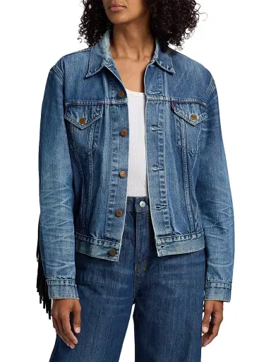 RE/DONE Women's Re/done x Levi's Fringe-Trim Denim Trucker Jacket - Indigo | Thumbnail 3