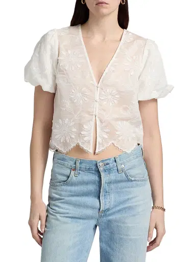 Ramy Brook Women's Chrissie Floral Embroidered Organza Crop Top - Ivory Organza - Size XL | Thumbnail 3
